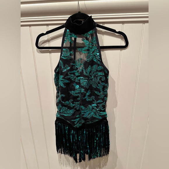 WEISSMAN Size Small Adult Green & Black Sequinned Floral Dance Dress - Picture 1 of 4